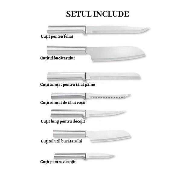 Set 7 cuțite în suport de stejar, oțel inoxidabil T420, mâner aluminiu periat