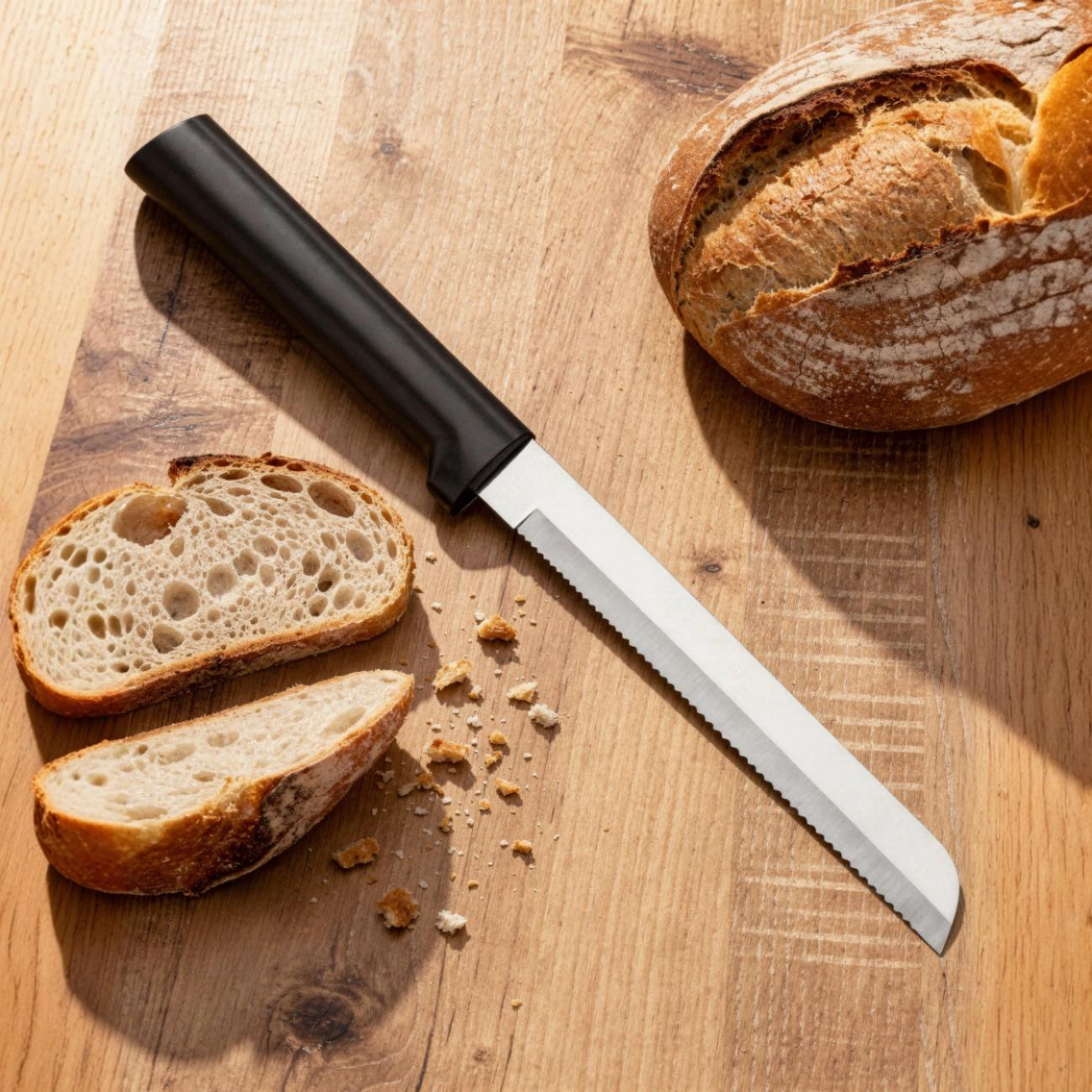 Cuțit zimțat lung pentru tăiat pâine, oțel inoxidabil, mâner rășină neagră (W243)