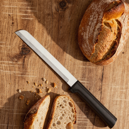 Cuțit zimțat lung pentru tăiat pâine, oțel inoxidabil, mâner rășină neagră (W243)