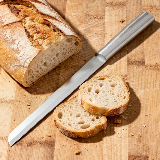Cuțit zimțat lung pentru tăiat pâine, oțel inoxidabil, mâner aluminiu periat (R143)