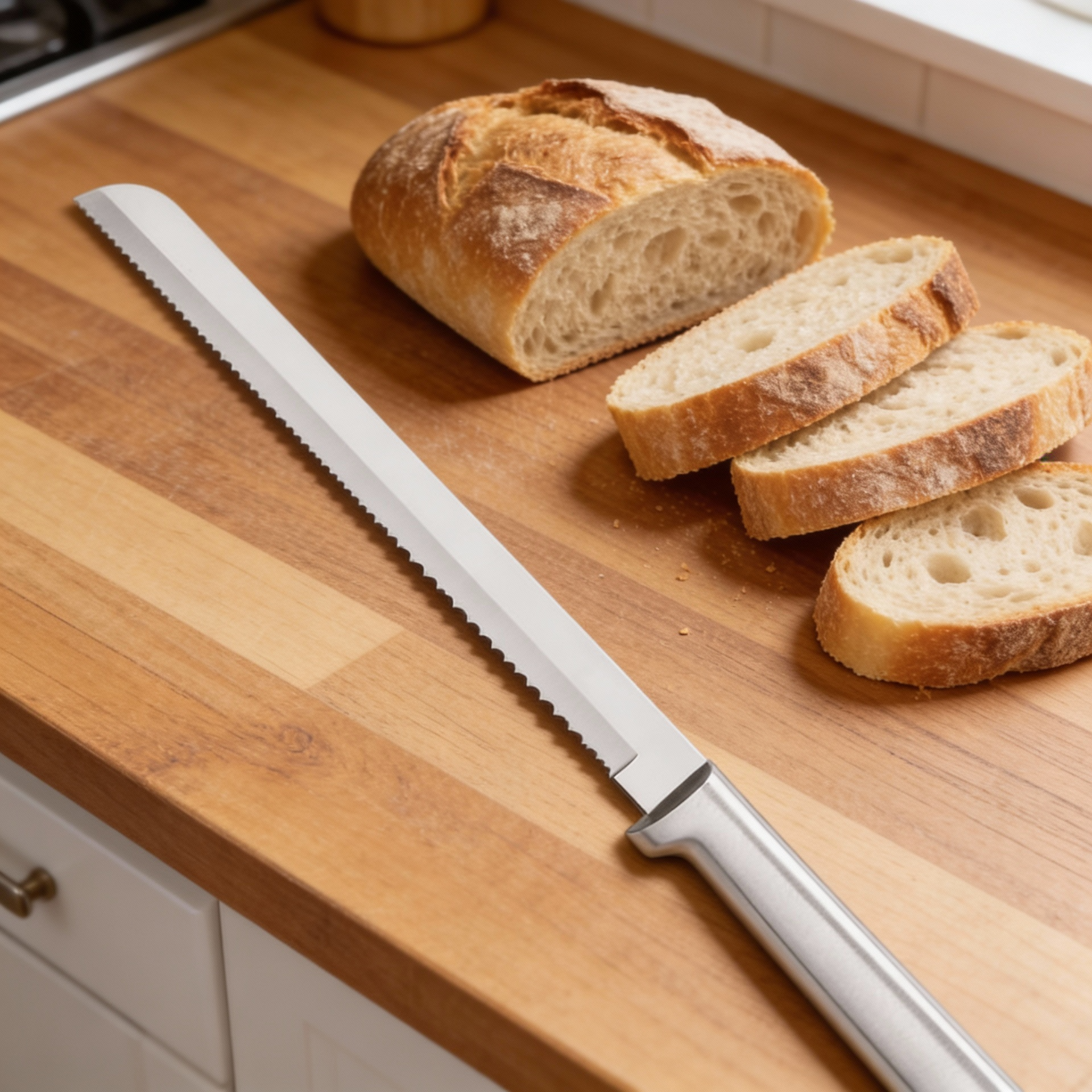 Cuțit zimțat lung pentru tăiat pâine, oțel inoxidabil, mâner aluminiu periat (R143)