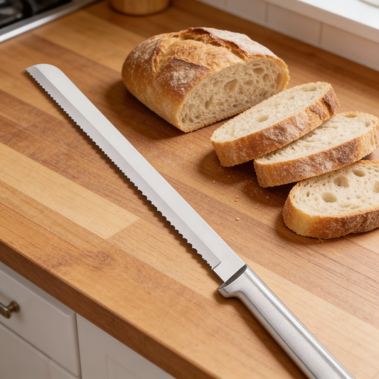 Cuțit zimțat lung pentru tăiat pâine, oțel inoxidabil, mâner aluminiu periat (R143)